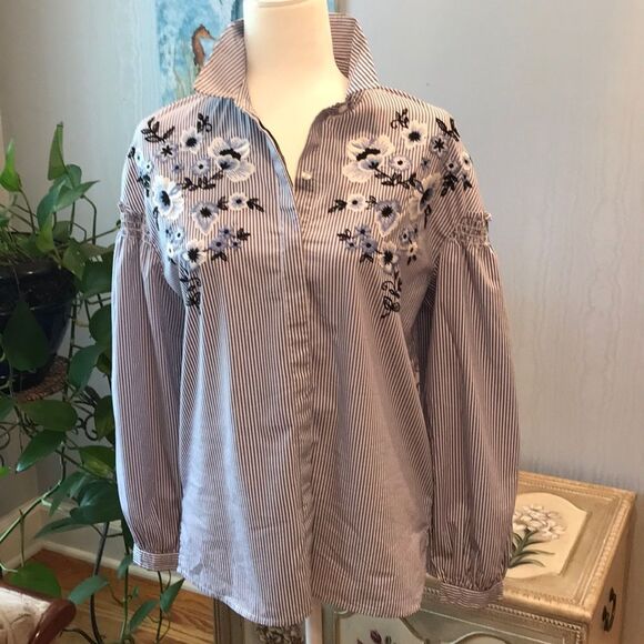 Halogen Blue White Striped Embroidered Shirt Sz XS - Picture 2 of 9